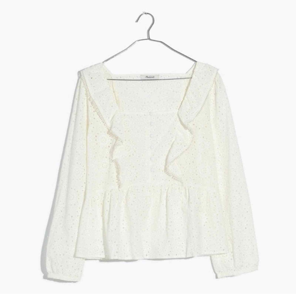 Madewell white Eyelet Pom-pom top